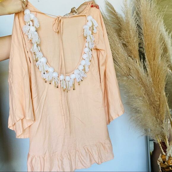 SUNDRESS REVOLVE Peach Pink Open Back White Pom Gold Bead Coverup Mini Dress XS - Picture 6 of 8